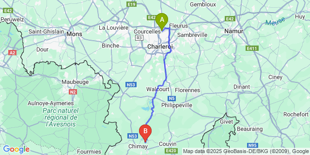 Map: Charleroi Airport Brussels South (CRL) to Vaulx (-Lez-Chimay)