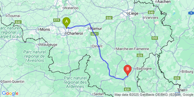 Map: Charleroi Airport Brussels South (CRL) to Vaux-Lez-Rosieres