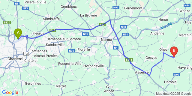 Map: Charleroi Airport Brussels South (CRL) to Velette