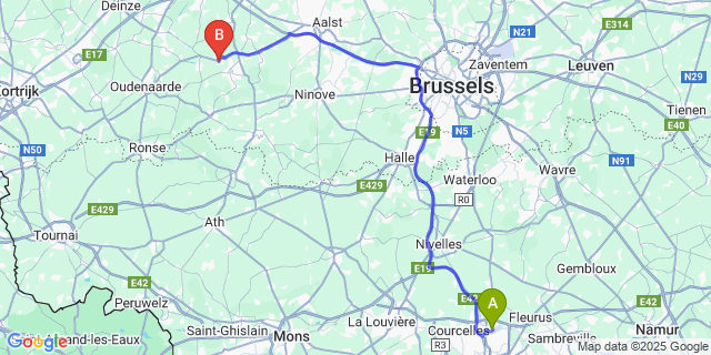 Map: Charleroi Airport Brussels South (CRL) to Velzeke-Ruddershove
