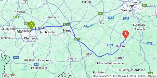 Map: Charleroi Airport Brussels South (CRL) to Verlaine-sur-Ourthe