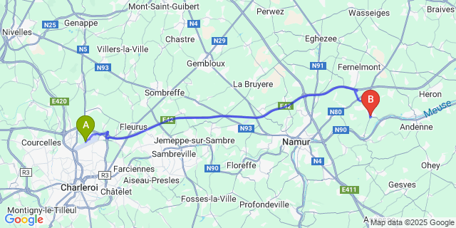 Map: Charleroi Airport Brussels South (CRL) to Vezin