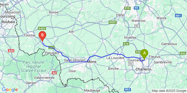 Map: Charleroi Airport Brussels South (CRL) to Vezon