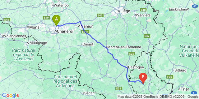 Map: Charleroi Airport Brussels South (CRL) to Vichten