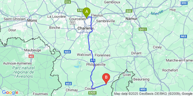 Map: Charleroi Airport Brussels South (CRL) to Vierves-Sur-Viroin