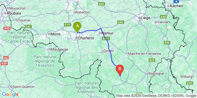 Map: Charleroi Airport Brussels South (CRL) to Villance
