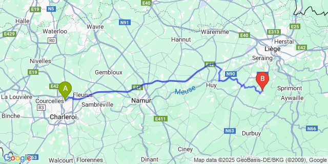 Map: Charleroi Airport Brussels South (CRL) to Villers-Aux-Tours