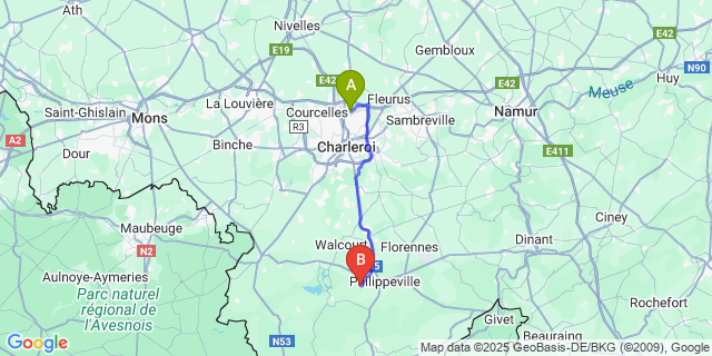 Map: Charleroi Airport Brussels South (CRL) to Villers-Deux-Églises