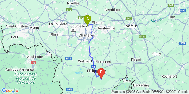 Map: Charleroi Airport Brussels South (CRL) to Villers-En-Fagne