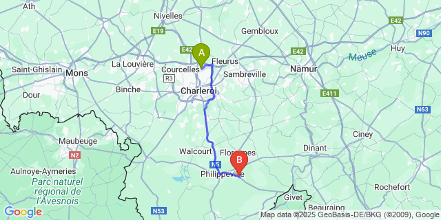 Map: Charleroi Airport Brussels South (CRL) to Villers-Le-Gambon