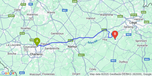 Map: Charleroi Airport Brussels South (CRL) to Villers-Le-Temple