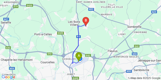 Map: Charleroi Airport Brussels South (CRL) to Villers-Perwin