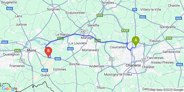 Map: Charleroi Airport Brussels South (CRL) to Villers-Saint-Ghislain