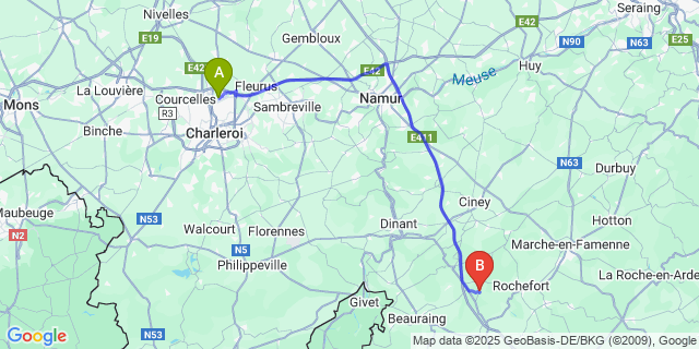 Map: Charleroi Airport Brussels South (CRL) to Villers-Sur-Lesse