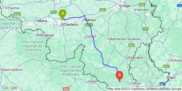 Map: Charleroi Airport Brussels South (CRL) to Villers-sur-Semois