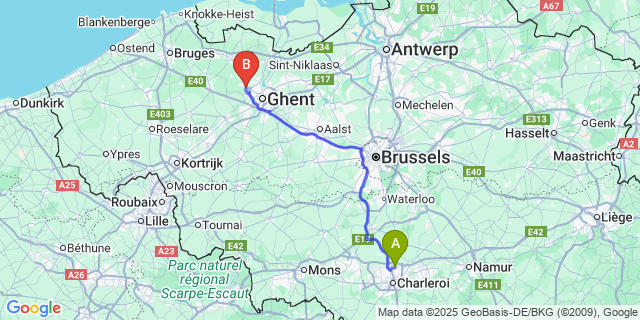 Map: Charleroi Airport Brussels South (CRL) to Vinderhoute