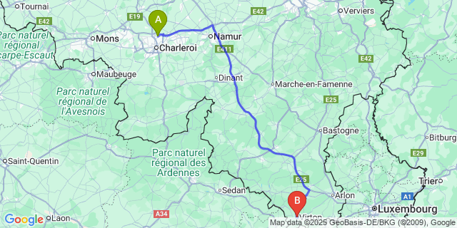 Map: Charleroi Airport Brussels South (CRL) to Virton