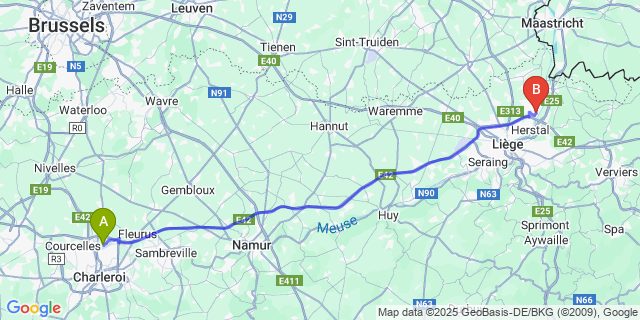 Map: Charleroi Airport Brussels South (CRL) to Vivegnis