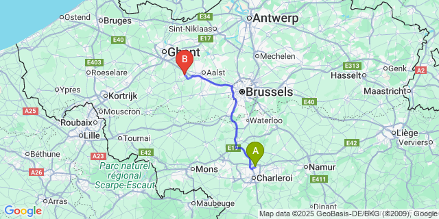Map: Charleroi Airport Brussels South (CRL) to Vlierzele