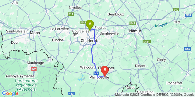 Map: Charleroi Airport Brussels South (CRL) to Vodecée