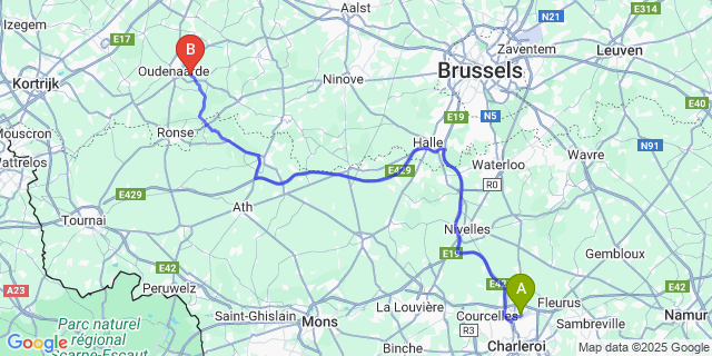 Map: Charleroi Airport Brussels South (CRL) to Volkegem
