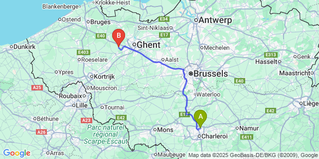 Map: Charleroi Airport Brussels South (CRL) to Vosselare
