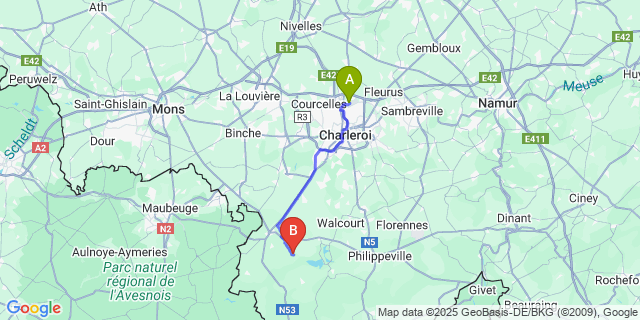 Map: Charleroi Airport Brussels South (CRL) to Vregnies