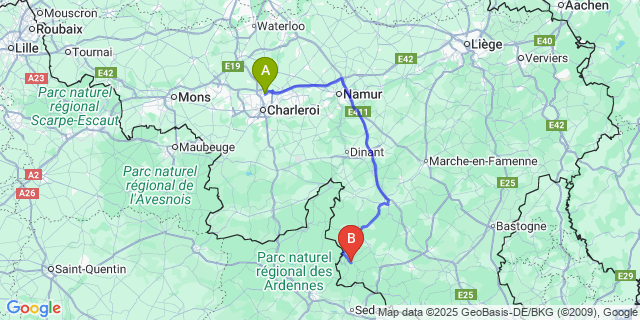 Map: Charleroi Airport Brussels South (CRL) to Vresse-sur-semois