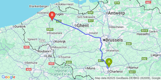 Map: Charleroi Airport Brussels South (CRL) to Waardamme
