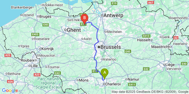 Map: Charleroi Airport Brussels South (CRL) to Waasmunster