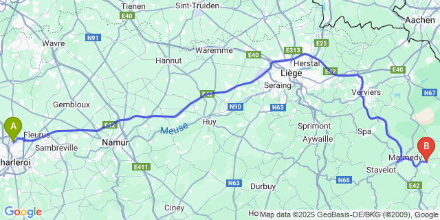 Map: Charleroi Airport Brussels South (CRL) to Waimes