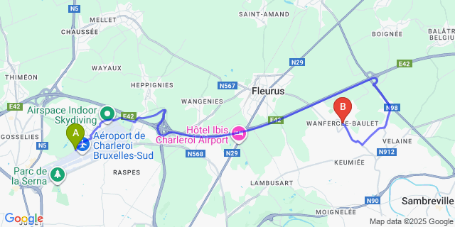 Map: Charleroi Airport Brussels South (CRL) to Wanfercée-Baulet