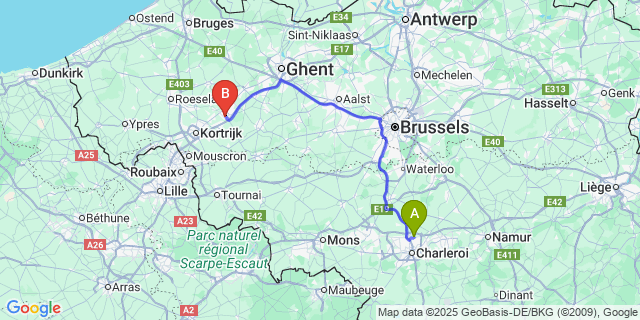 Map: Charleroi Airport Brussels South (CRL) to Waregem