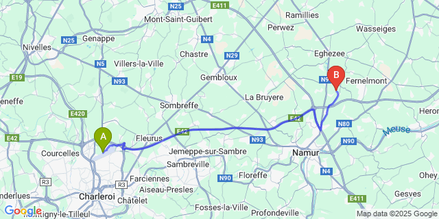 Map: Charleroi Airport Brussels South (CRL) to Waret-La-Chaussée
