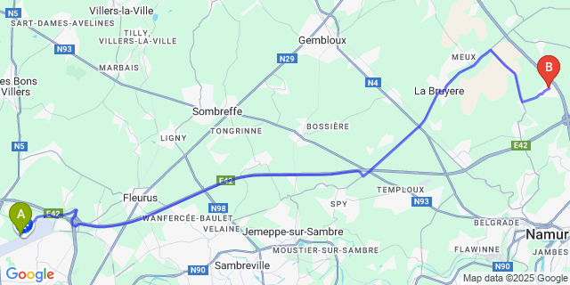 Map: Charleroi Airport Brussels South (CRL) to Warisoulx