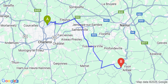 Map: Charleroi Airport Brussels South (CRL) to Warnant