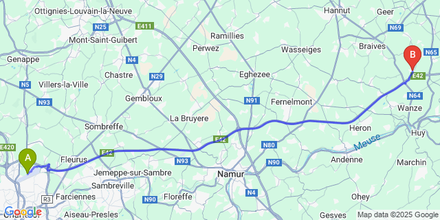 Map: Charleroi Airport Brussels South (CRL) to Warnant-Dreye