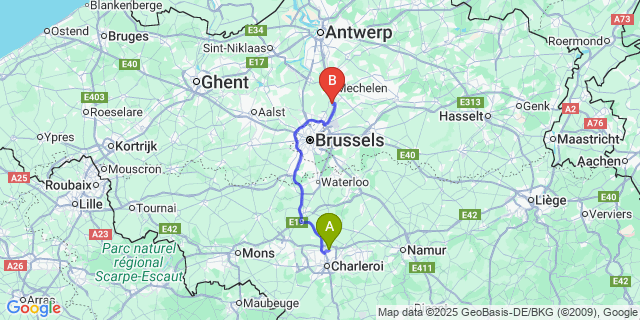Map: Charleroi Airport Brussels South (CRL) to Weerde