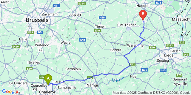 Map: Charleroi Airport Brussels South (CRL) to Wellen