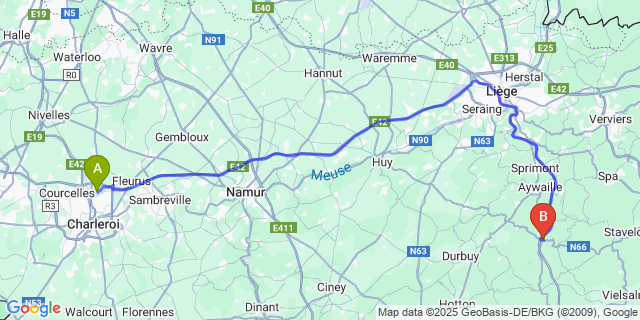 Map: Charleroi Airport Brussels South (CRL) to Werbomont
