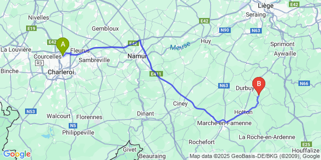 Map: Charleroi Airport Brussels South (CRL) to Wéris