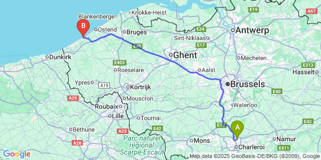 Map: Charleroi Airport Brussels South (CRL) to Westende