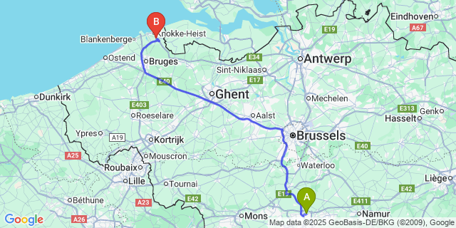 Map: Charleroi Airport Brussels South (CRL) to Westkapelle