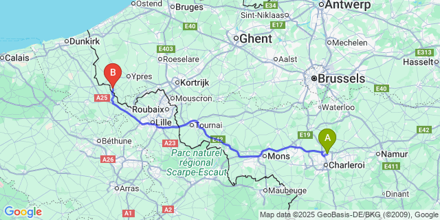 Map: Charleroi Airport Brussels South (CRL) to Westouter