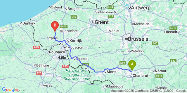 Map: Charleroi Airport Brussels South (CRL) to Westrozebeke