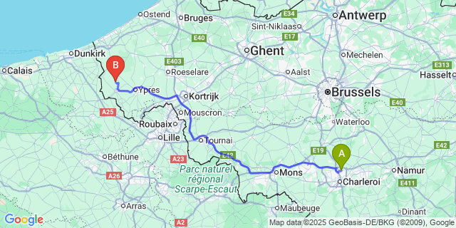 Map: Charleroi Airport Brussels South (CRL) to Westvleteren