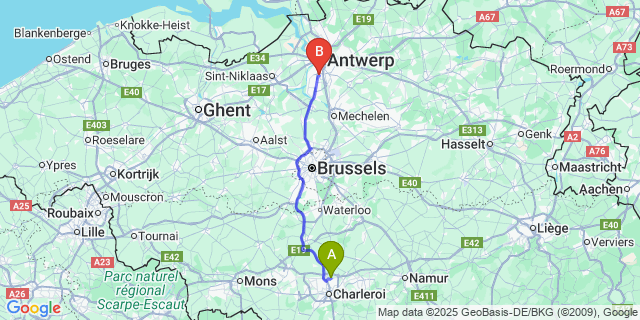 Map: Charleroi Airport Brussels South (CRL) to 