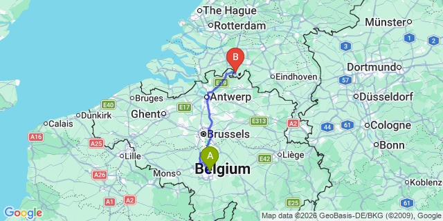 Map: Charleroi Airport Brussels South (CRL) to Woerden