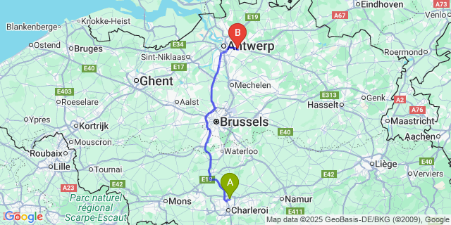 Map: Charleroi Airport Brussels South (CRL) to Wommelgem