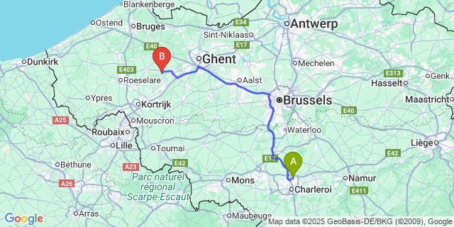 Map: Charleroi Airport Brussels South (CRL) to Wontergem